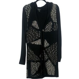 Lucky Brand Black Cream Geometric Long Sleeve Hooded Medium Cardigan Sweater